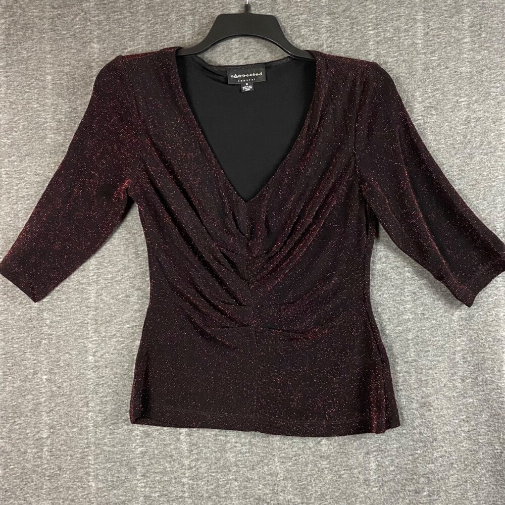 Connected‎ Apparel Womens Black Red Sparkle 3/4 Sleeve Ruched V-Neck Top Medium